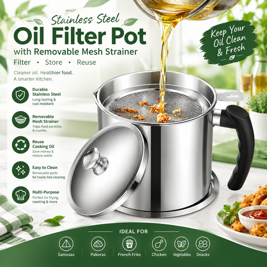 Stainless Steel Oil Filter Pot with Removable Mesh Strainer