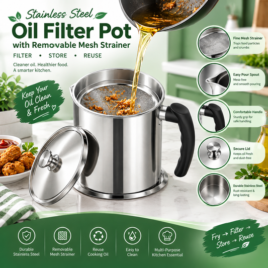 Stainless Steel Oil Filter Pot with Removable Mesh Strainer